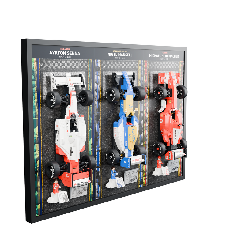 Load image into Gallery viewer, Triple F1 wall display showing the depth of the mounted LEGO cars, steep left angle
