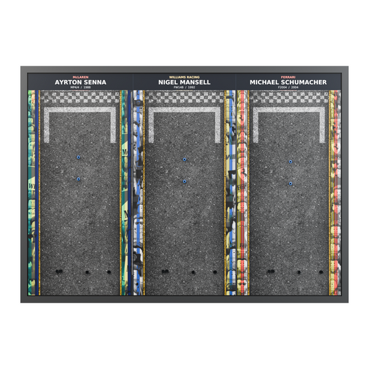 Empty triple F1 wall display with race grid artwork and model mounting points, straight front view