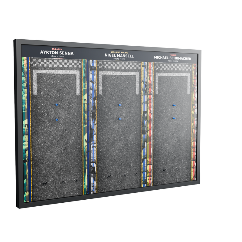 Load image into Gallery viewer, Empty black framed triple F1 wall display showing mounting points and printed artwork, left angle

