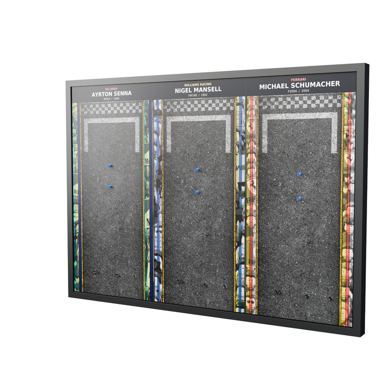 Load image into Gallery viewer, Empty black framed triple F1 wall display showing mounting points and printed artwork, right angle
