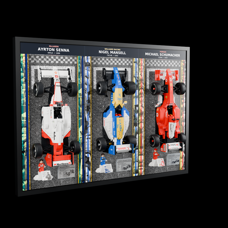 Load image into Gallery viewer, Illuminated triple F1 wall display with all three LEGO cars and driver minifigures, left angle
