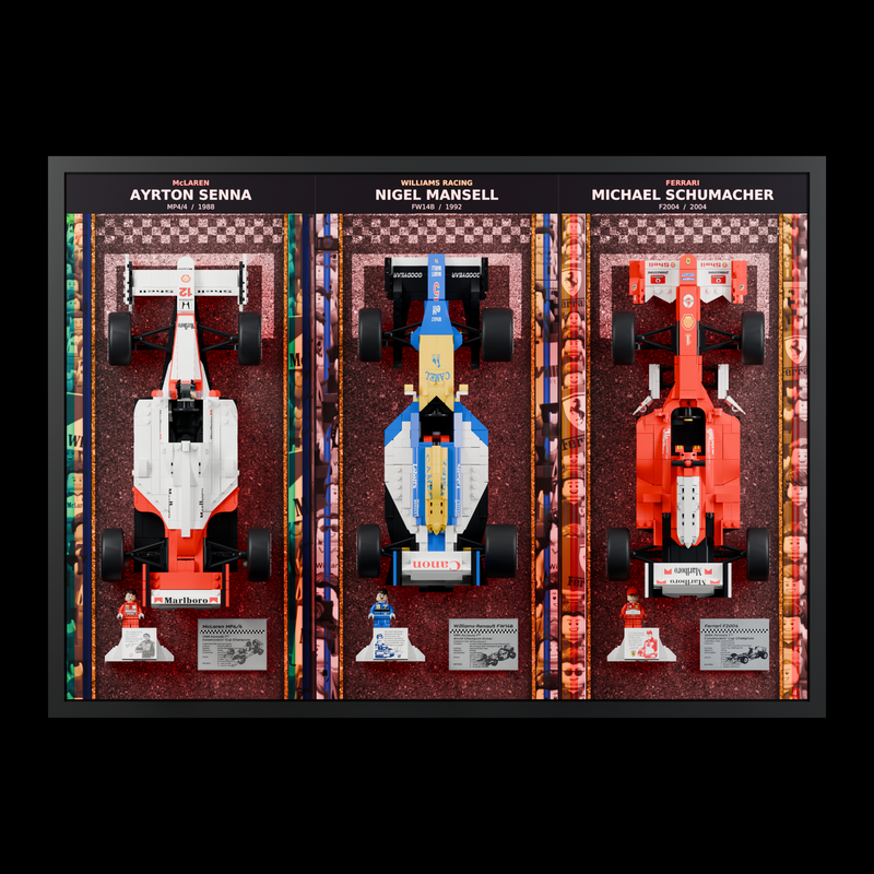 Load image into Gallery viewer, Triple F1 wall display with red illumination and LEGO Senna, Mansell and Schumacher cars, front view
