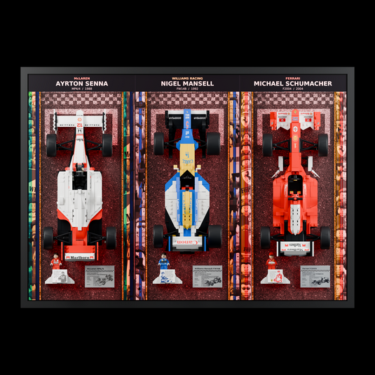 Triple F1 wall display with red illumination and LEGO Senna, Mansell and Schumacher cars, front view
