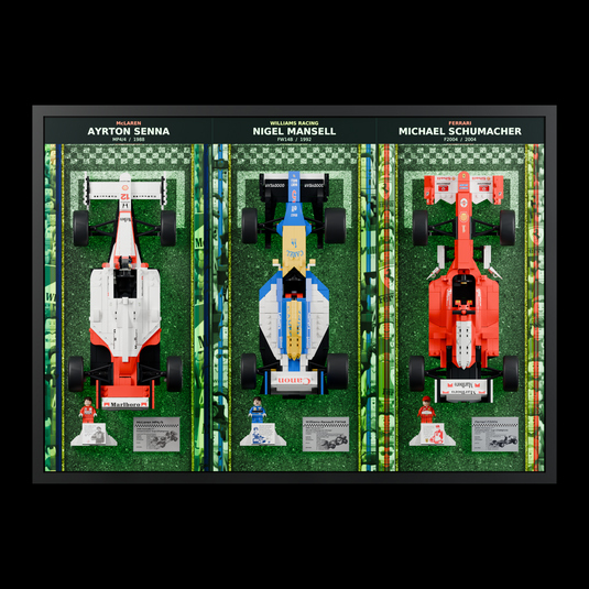 Triple F1 wall display with green illumination and all three LEGO cars, straight front view