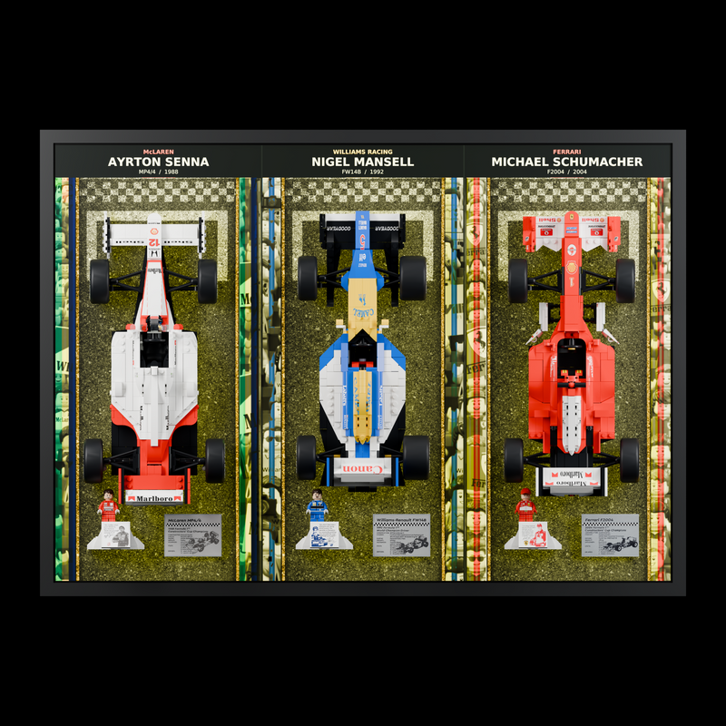 Load image into Gallery viewer, Triple F1 wall display with yellow illumination and all three LEGO cars, straight front view
