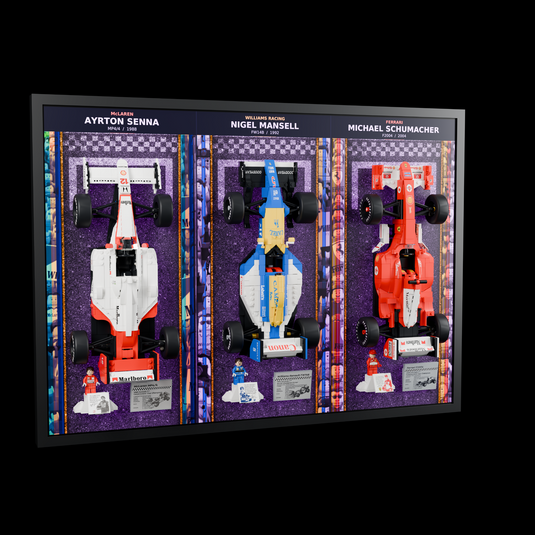 Triple F1 wall display with purple illumination and all three LEGO cars, left angle
