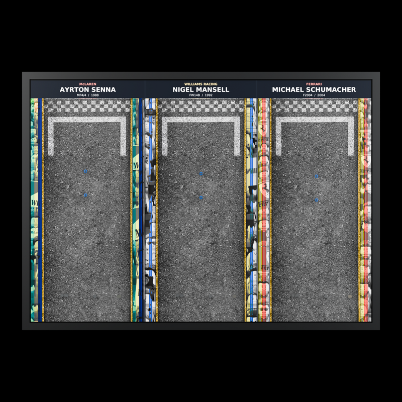 Load image into Gallery viewer, Empty illuminated triple F1 wall display showing race grid artwork and mounting points, front view
