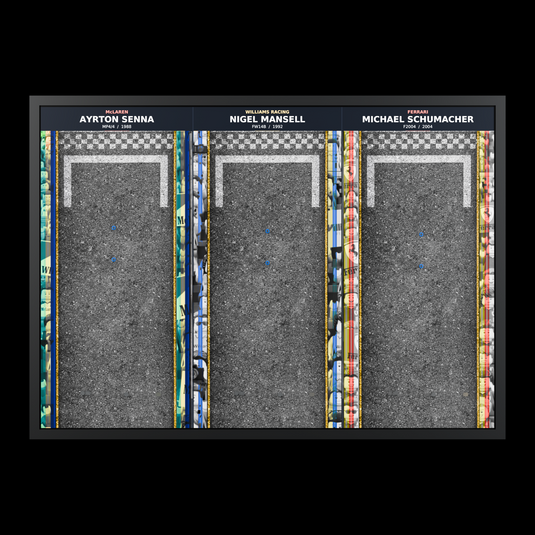 Empty illuminated triple F1 wall display showing race grid artwork and mounting points, front view