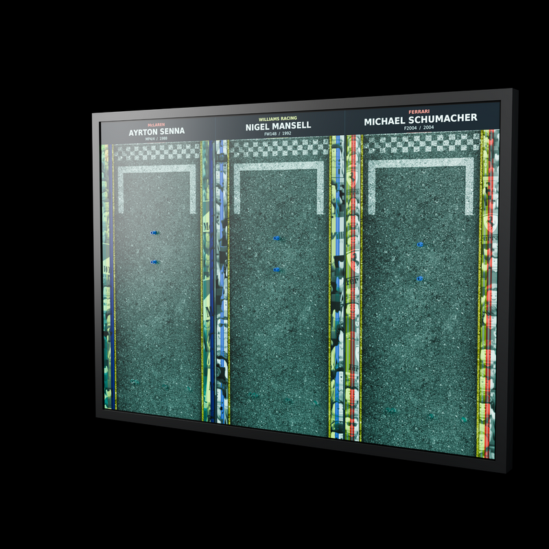 Load image into Gallery viewer, Empty illuminated triple F1 wall display with cyan lighting and model mounting points, right angle
